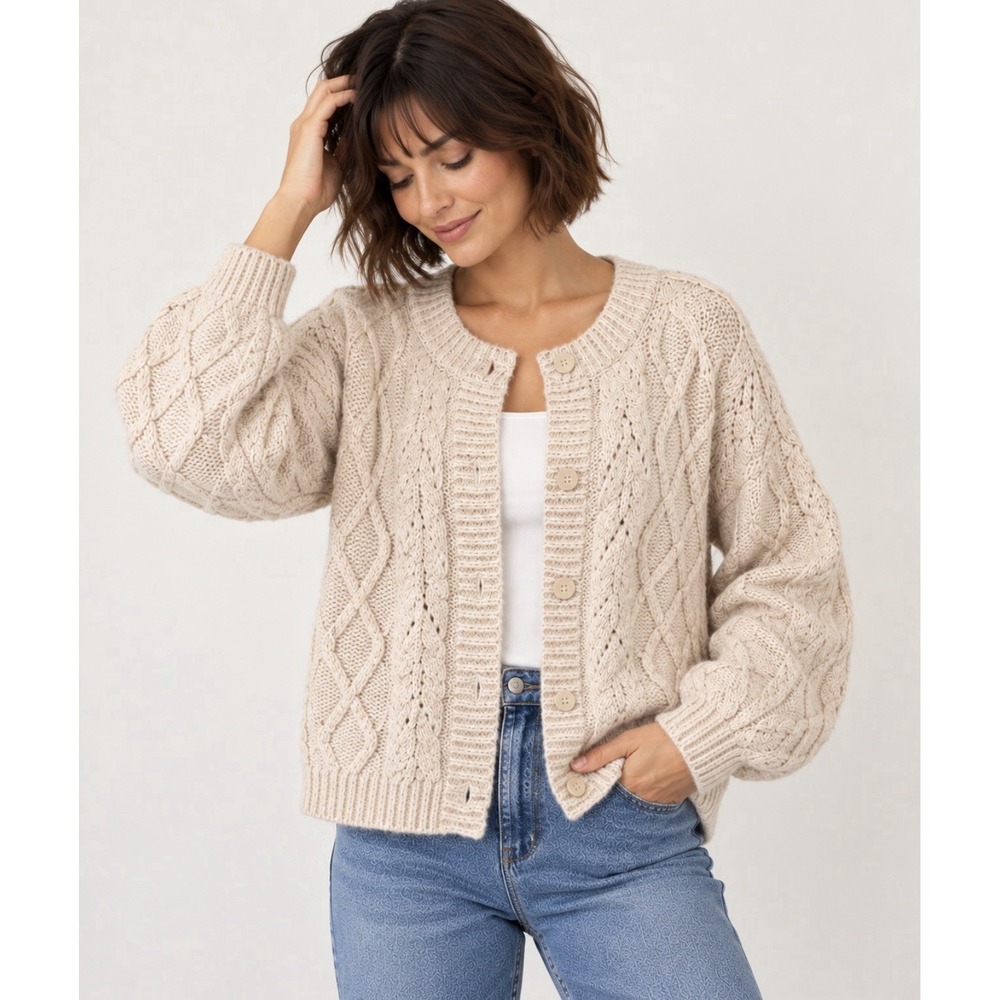 NEW! Lucky Brand Cable Chunky Knit Cardigan Sweater Oatmeal Wool Blend SZ  XL